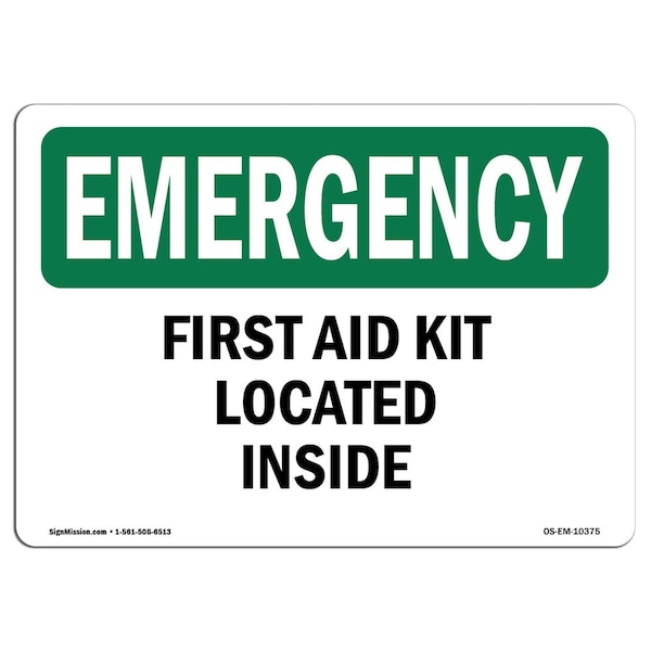 Safety Sign, OSHA EMERGENCY, 7" Height, Aluminum, First Aid Kit Located Inside, Landscape